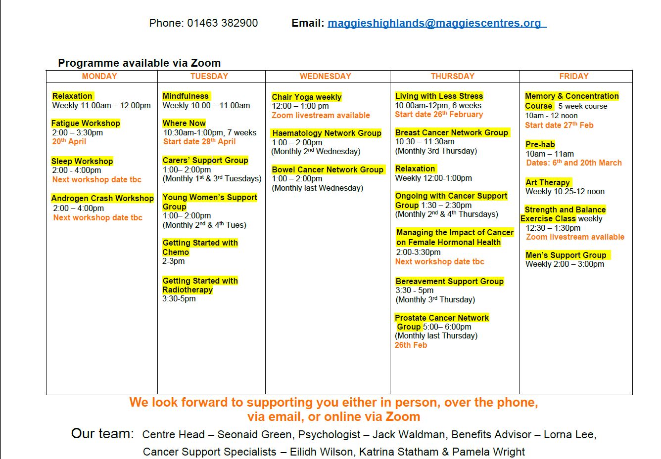 Maggie’s Highlands Latest Timetable